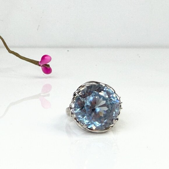 Platinum Blue Topaz Diamond Statement Ring 15mm Round Size 7.75 JR1445